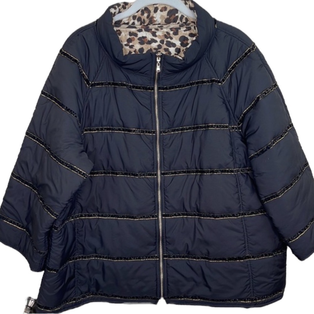 Chico's Reversible Puffer Quilted Jacket Black/Animal Print L 12/14